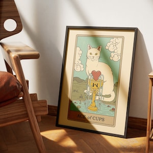 Posters de tarot de chats Ace of Cups | Impressions d'art de cartes de tarot sur le thème des chats | Poster imprimable déco pour les amoureux des chats