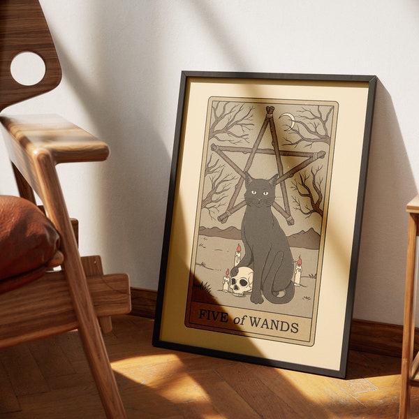 Five of Wands Cats Tarot Posters | Cat-Themed Tarot Card Art Prints | Cat Lovers' Decor  Printable Poster