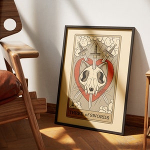 Trois des affiches de tarot de chats épées | Impressions d'art de cartes de tarot sur le thème des chats | Poster imprimable déco pour les amoureux des chats