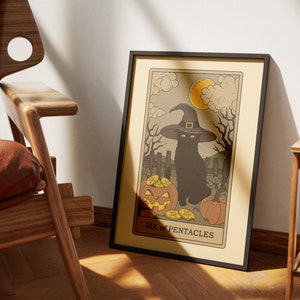 Six des affiches de tarot de chats Pentacles | Impressions d'art de cartes de tarot sur le thème des chats | Poster imprimable déco pour les amoureux des chats