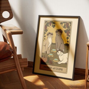Trois tasses de tarot de chats | Impressions d'art de cartes de tarot sur le thème des chats | Poster imprimable déco pour les amoureux des chats