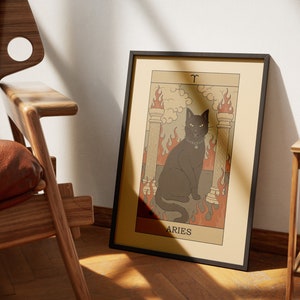 Posters de tarot chat chat Bélier | Décoration d'intérieur du tarot | Affiche imprimable d'art mural de tarot du zodiaque astrologique carte de tarot