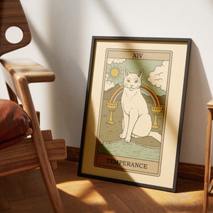 Posters de tarot de chats de tempérance | Impressions d'art de cartes de tarot sur le thème des chats | Poster imprimable déco pour les amoureux des chats