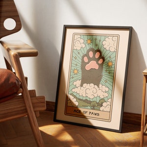Posters de tarot de chats Ace of Paws | Impressions d'art de cartes de tarot sur le thème des chats | Poster imprimable déco pour les amoureux des chats