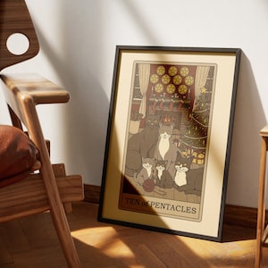 Ten des affiches de tarot de chats Pentacles | Impressions d'art de cartes de tarot sur le thème des chats | Poster imprimable déco pour les amoureux des chats
