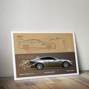 Art mural vintage Aston Martin Vanquish 2001 Turbo Beat the Traffic Home Décoration murale repensée, affiche de voiture, publicités Aston Martin amusantes