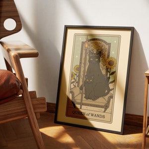 Posters de tarot de chats Queen of Wands | Impressions d'art de cartes de tarot sur le thème des chats | Poster imprimable déco pour les amoureux des chats