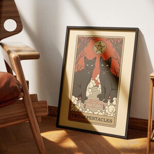 Deux des affiches de tarot de chats Pentacles | Impressions d'art de cartes de tarot sur le thème des chats | Poster imprimable déco pour les amoureux des chats