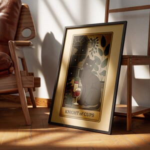 Posters de tarot de chats chevalier de tasses | Impressions d'art de cartes de tarot sur le thème des chats | Poster imprimable déco pour les amoureux des chats
