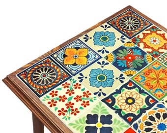 Peculiar mesa de centro auxiliar con tapa de azulejos de cerámica para sala de estar, mesa auxiliar rústica de madera cuadrada única