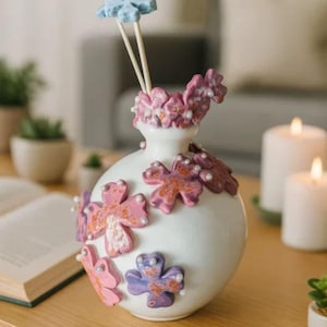 Handmade Ceramic Diffuser Bottle: Pink & Purple Floral Vase