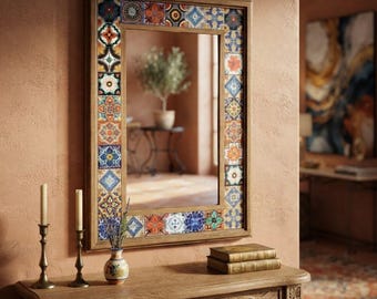 Handcrafted Mosaic Tiled Mirror | Wooden Frame Accent