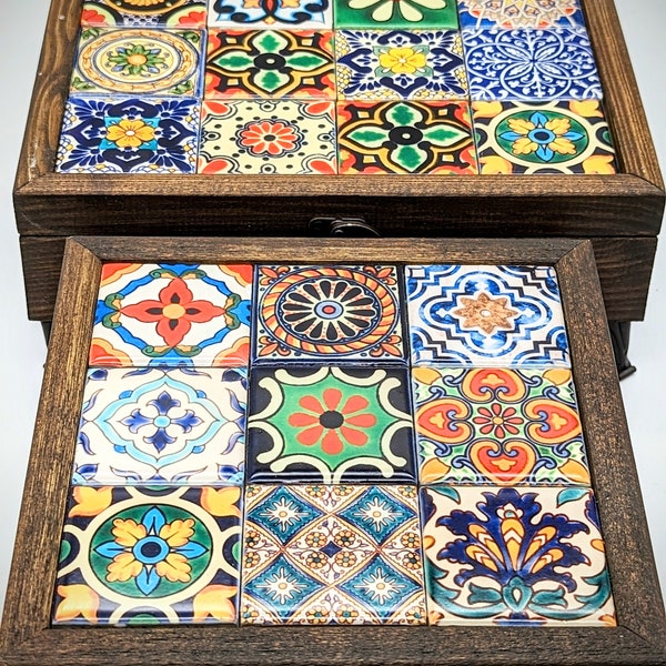Holzschmuckschatulle mit Keramikfliesen, einzigartige handgefertigte gekachelte Schachtel, maßgeschneiderte Geschenkbox aus Holz, handgefertigte Vitrine