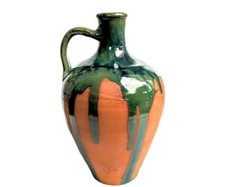 Unique Terracotta Vase, Handmade Clay Water Jug - Pitcher, Green Glazed with Handle