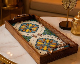 Artisan Ceramic Tile Wooden Serving Tray | Home Decor