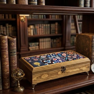 Handcrafted Anatolian Tiled Wooden Box | Decorative Chest | 2x5 Tile Design