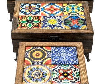 Wood Jewellery Box with Ceramic Tiles, Unique Handmade Tiled Box, Bespoke Wooden Gift Box, Handcrafted Display Box