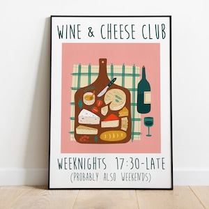 Wine and Cheese Club Poster, Wine Print, Retro Food Art, Bar Art, Vintage Food Poster, Mid Century Modern Print, Modern Kitchen Wall Art