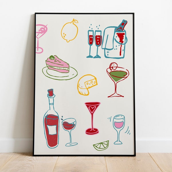 French Poster Wine, Wine Print, Drink Glasses Poster, Aesthetic Kitchen Decor, Retro Wall Art, Kitchen Wall Prints, Minimalist Kitchen Art