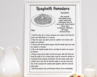 Impresión de pared de receta de espagueti pomodoro, decoración de pared de cocina retro, impresión de descarga digital de pasta, impresiones descargables, minimalista, impresión de cocina