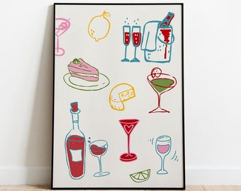 French Poster Wine, Wine Print, Drink Glasses Poster, Aesthetic Kitchen Decor, Retro Wall Art, Kitchen Wall Prints, Minimalist Kitchen Art
