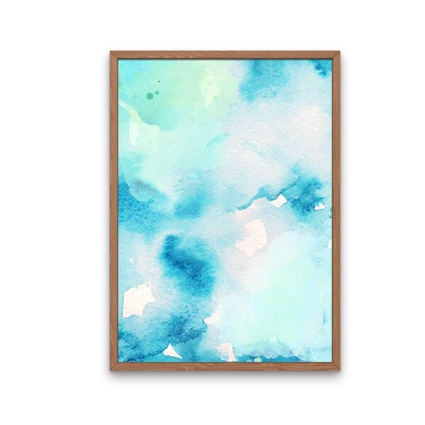 Blue Light Green Watercolor Blue Abstract Print, Printable Wall Art, Watercolour Brush Stroke Painting, Hamptons Beach House Style Decor