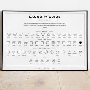 Guía de símbolos de cuidado de la lavandería, conjunto de 2, impresión horizontal de letreros de lavandería, impresión de arte del baño, póster minimalista, descarga digital imprimible imagen 1
