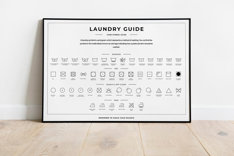 Guía de símbolos de cuidado de la lavandería, conjunto de 2, impresión horizontal de letreros de lavandería, impresión de arte del baño, póster minimalista, descarga digital imprimible imagen 1
