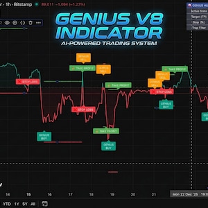 May include: A dark background displays a trading chart with red and green lines, and text that reads "GENIUS V8 INDICATOR AI-POWERED TRADING SYSTEM." Various labels like "BUY," "SELL," "TAKE PROFIT," and "STOP LOSS" are present.