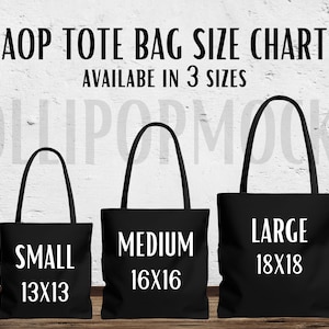 AOP Tote Bag Maattabel Mock Up, 3 maten, Zwarte Tas Mock Up, Verbeter uw vermelding met deze eenvoudig te lezen maattabel