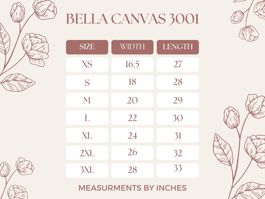 Bella Canvas Shirt Size Chart, Perfect Chart to Add to Your Mock Ups