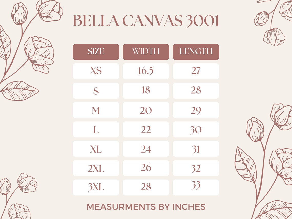 Bella Canvas Shirt Size Chart Perfect Chart to Add to Your Etsy