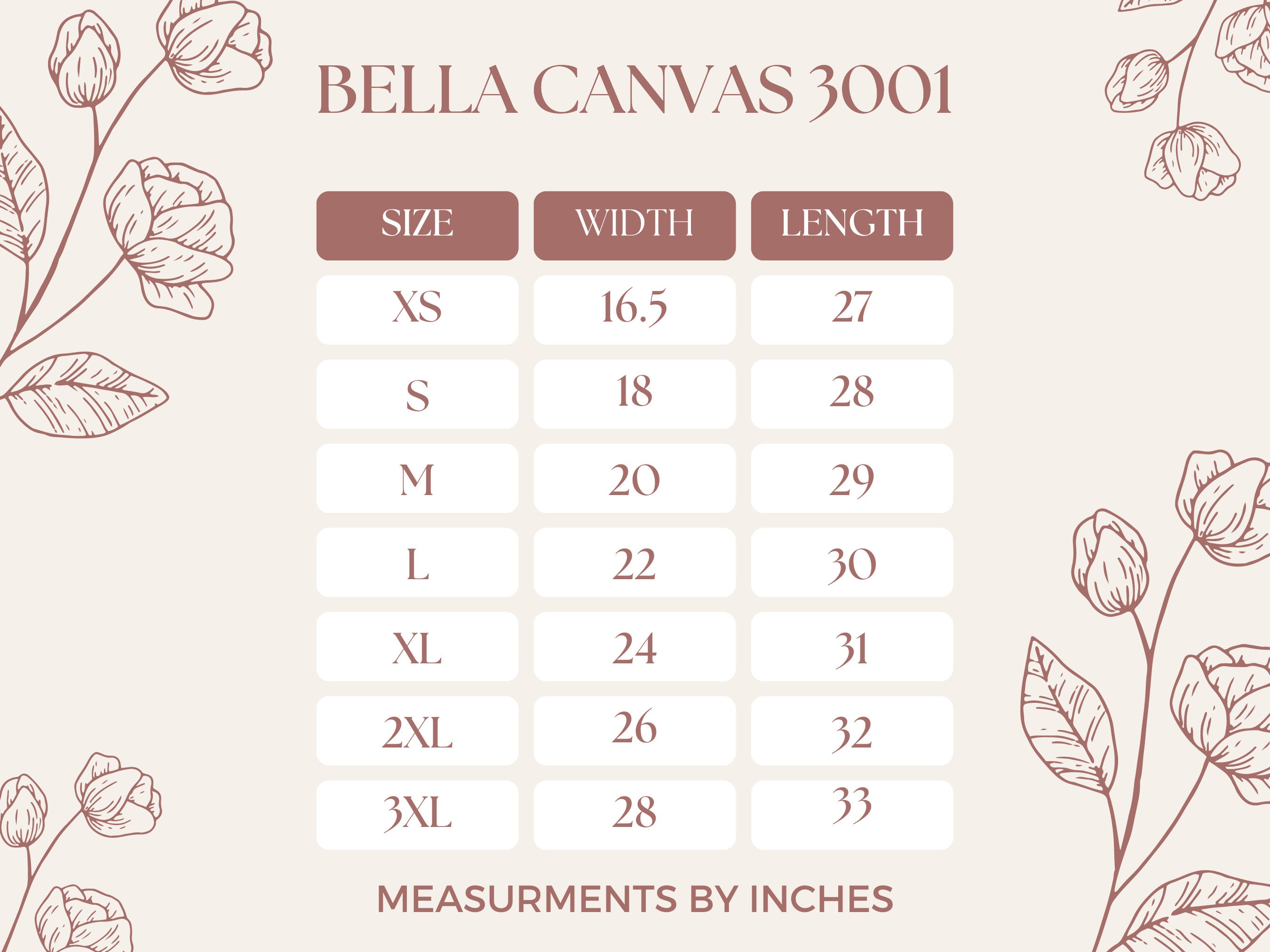 Bella Canvas Shirt Size Chart, Perfect Chart to Add to Your Mock Ups