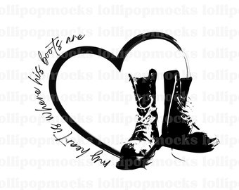 Puede incluir: Diseño gráfico en blanco y negro con forma de corazón y el texto "Mi amor está donde están sus botas". Dentro del corazón hay dos botas negras.