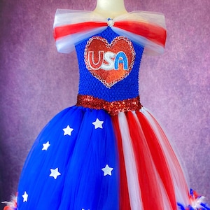 4th of July American Firecracker Firework USA Princess Star Patriotic Pageant Dance Recital Red White and Blue Feather Costume Dress