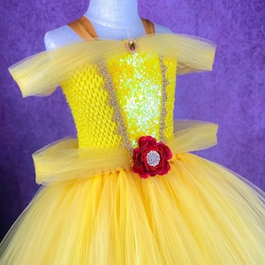 Belle Beauty & The Beast Red Rose Yellow Gold Princess Birthday Party Pageant Dance Recital Halloween Costume Character Dining Dress (Adult)