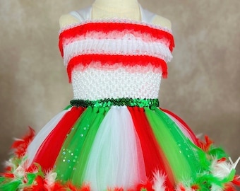 Mexican Cinco De Mayo Red White Green Fiesta Party Pageant Costume Feathered Dress (Adult)