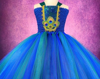 Blue Green Peacock Pageant Party Halloween Costume Dance Recital Wedding Flower Girl Dress (Adult)