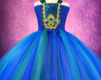 Blue Green Peacock Pageant Party Halloween Costume Dance Recital Wedding Flower Girl Dress
