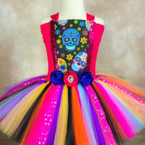 Vibrant Day of the Dead Sugar Skull Skeleton Cinco De Mayo Mexican Heritage Halloween Costume Pageant Party Dance Recital Dress (Adult)
