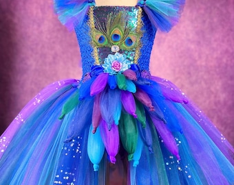 Blue Purple Peacock Flower Girl Pageant Halloween Party Costume Dance Recital Wedding Dress (Adult)