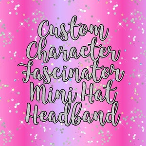 May include: Custom Character Fascinator Mini Hat Headband. A silver glitter font on a pink and purple ombre background with silver glitter.