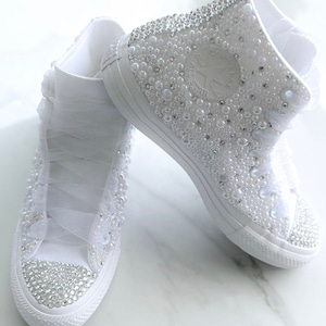 Bridal White Converse Rhinestone Pearl Bride Flower Girl Wedding Christening Pageant Birthday Party Dance Recital Costume BlingShoes (Adult)