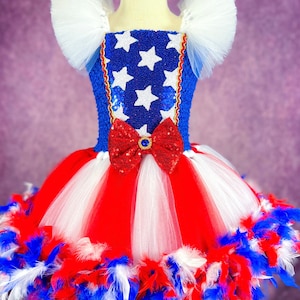 American Princess USA Patriotic Red White and Blue Dance Recital Pageant Old Glory Stars and Stripes Feather 4th of July Dress (Adult)