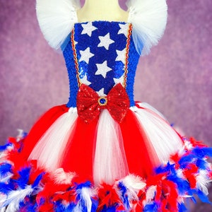 American Princess USA Patriotic Red White and Blue Dance Recital Pageant Old Glory Stars and Stripes Feather 4th of July Dress