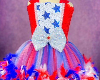 May include: A red, white, and blue tulle tutu dress with a sequined bodice and a large silver bow. The dress is decorated with red, white, and blue feathers.