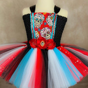 Red Blue Day of the Dead Sugar Skull Skeleton Cinco De Mayo Mexican Heritage Halloween Costume Pageant Party Dance Recital Dress (Adult)