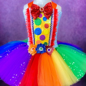 Clown Multicolored Circus Red Nose Birthday Party Pageant Halloween Costume Dance Recital Dress (Adult)