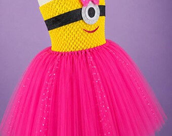 ワンピース Luminous tulle ribbon drape minionepiece Adult Pink Minion Halloween Costume Dress - Etsy