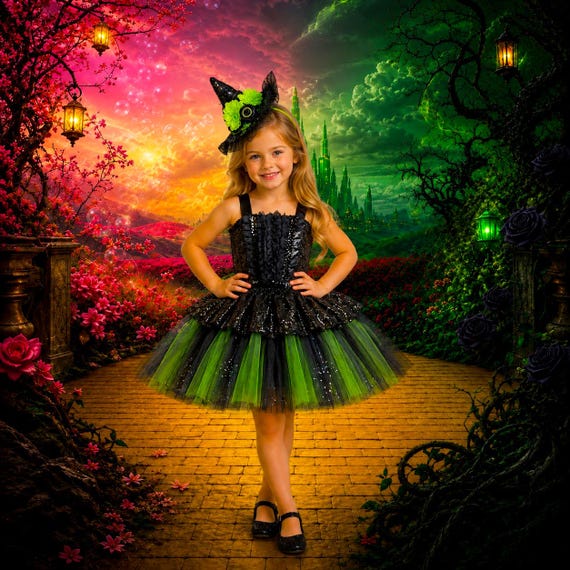 green halloween dress Elphaba Wicked Witch Costume With Hat Headband: & Black Party Outfit book character with green dress